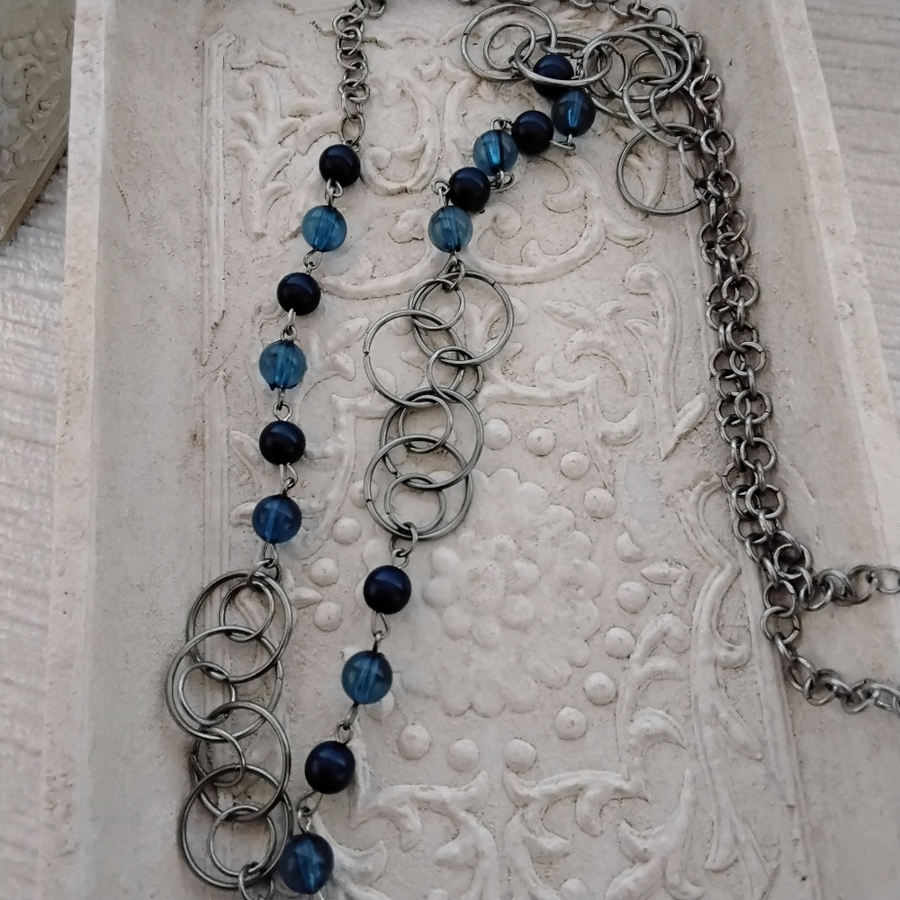 Long 44 " Chrome Rings and Blue Plastic  Beaded Necklace